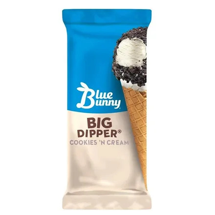 Blue Bunny Big Dipper Cookies 'n Cream cone in a blue and cream wrapper.
