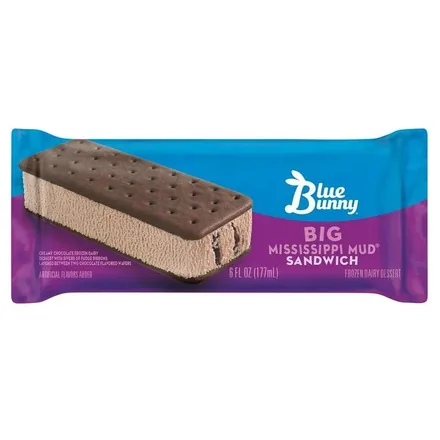 Blue Bunny Big Mississippi Mud sandwich in a purple wrapper.