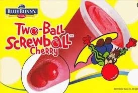Blue Bunny Two-Ball Screwball cherry cup menu panel with gumballs in the base.