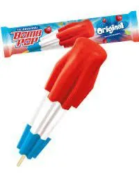 The Original Bomb Pop — red, white and blue layered ice pop with its wrapper.