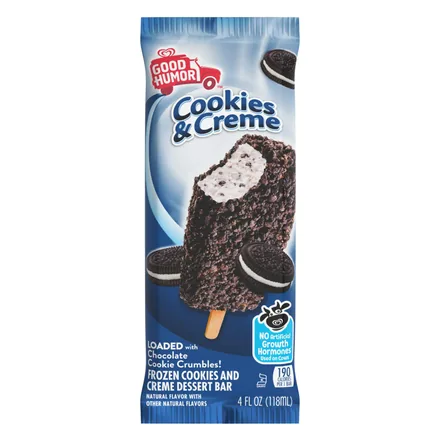 Good Humor Cookies & Creme bar wrapper with cookie crumb coating and OREO pieces.