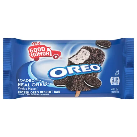 Good Humor OREO frozen dessert bar wrapper, showing a bar rolled in chocolate cookie pieces.