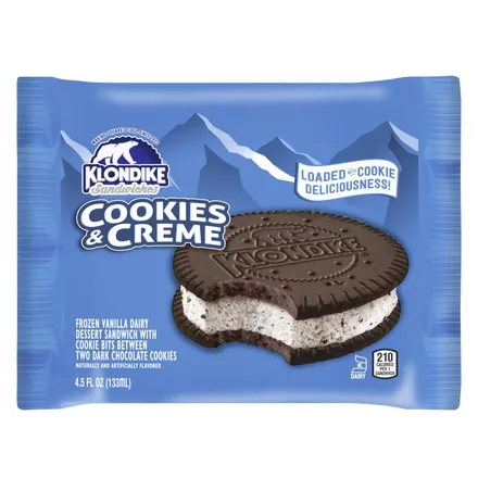 Klondike Cookies & Creme sandwich in a blue wrapper.