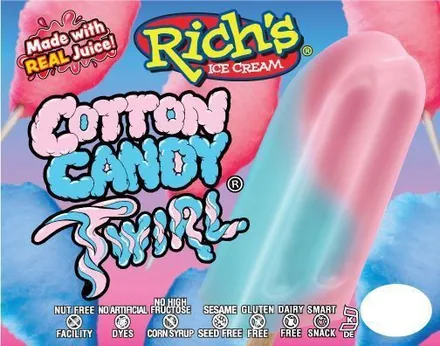 Rich's Cotton Candy Twirl bar in pink and blue, made with real juice.