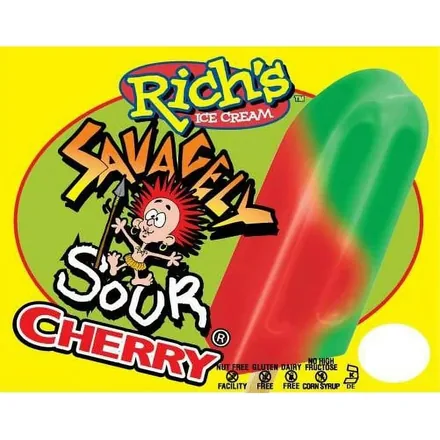 Rich's Savagely Sour cherry bar menu panel in red and green.